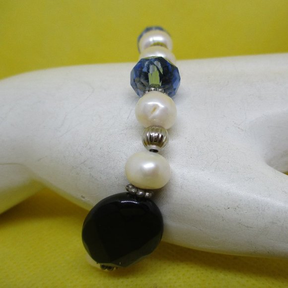 Genuine FRESH WATER PEARL Blue Faceted Crystal Bracelet Large Black Faceted Bead - Picture 5 of 13